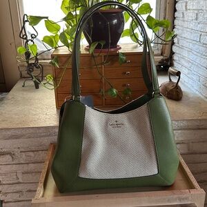 Kate Spade Green Leather Shoulder Bag with Top Zipper and Interior Organization
